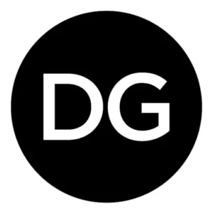Circular black logo with white letters 'DG' in the center, a simple monogram badge.