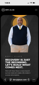 Portrait of Deryl Glaze in a navy vest and yellow tie, on a dark hero background with a circular emblem and recovery slogan behind him.