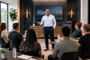Speaker in a light-blue shirt leads a presentation in a modern conference room with attendees at tables and notes left on the desk; screen reads 'Building a strong foundation for lasting change'.