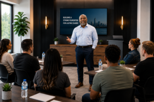 Speaker addresses a diverse group in a modern conference room with a large screen reading 'Building a Strong Foundation for Lasting Change'.