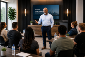 Speaker stands at the front of a modern conference room, addressing a seated group as a presentation screen behind reads 'Building a strong foundation for lasting change'.