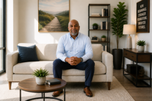 A man sits on a beige sofa in a bright, modern living room, hands clasped, smiling at the camera.
