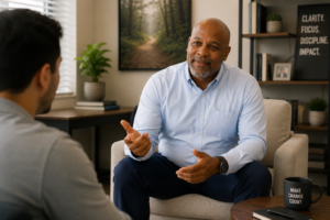 Two men sit in a modern office; the man in the light blue shirt speaks with hand gestures while the other listens.