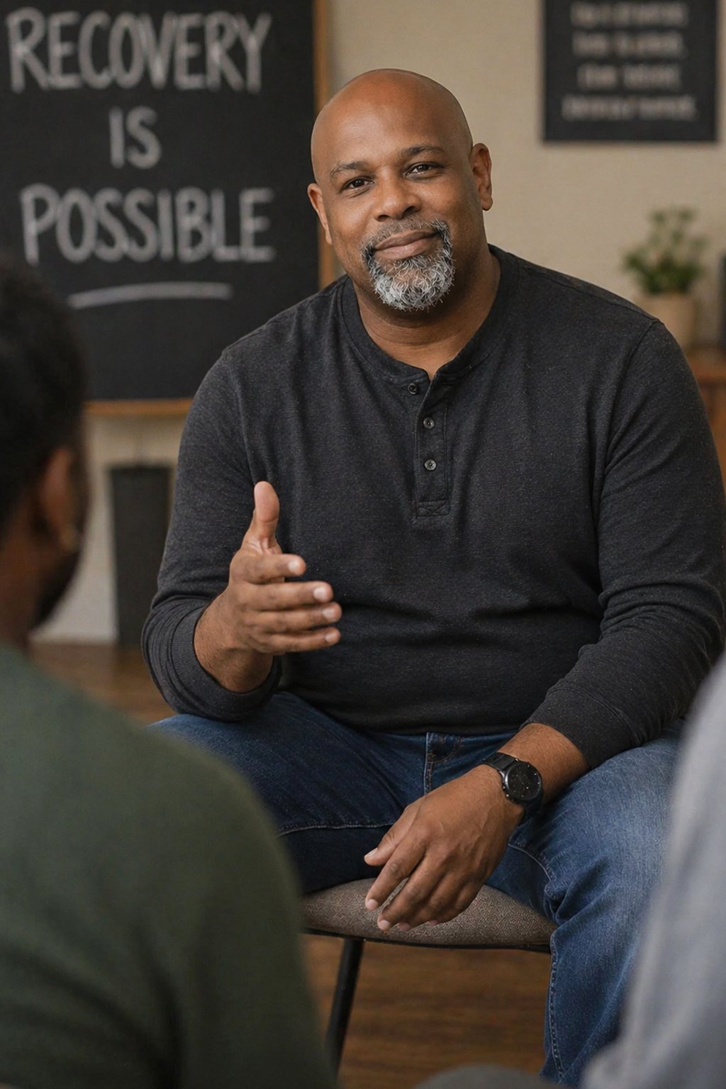 Man with a grey goatee sits and speaks to a group, gesturing with his hand; a chalkboard in the background reads 'RECOVERY IS POSSIBLE'.