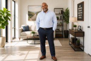 Man in a light blue button-down shirt and navy pants stands with hands in pockets in a bright living room.