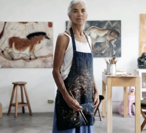 Older woman artist in a paint-splattered apron stands in a bright studio holding a brush, with paintings and art supplies in the background.
