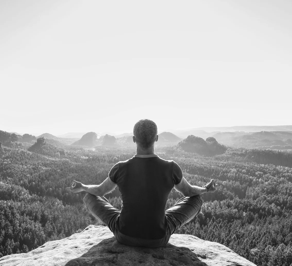 Person seated cross-legged on a rocky cliff, meditating over a vast forest valley seen in black and white.